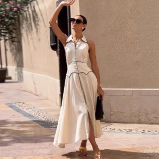 Elegant Women Sleeveless Lapel Maxi Dress Contrast Piping Single Breasted Socialite Style Polyester Long Shirt Dress for Summer Party Vacation
