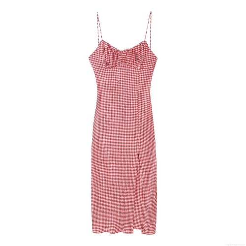Women Gingham Midi Cami Dress Red White Plaid Spaghetti Strap Side Slit V-Neck Slim Fit Backless French Retro Summer Vacation Elegant Long Dress