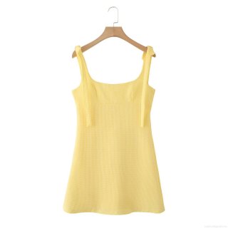 Women Elegant Yellow Gingham Plaid Mini Dress With Shoulder Bow Ties Sleeveless A-Line Back Zipper Seersucker Sundress For Summer Daily Date