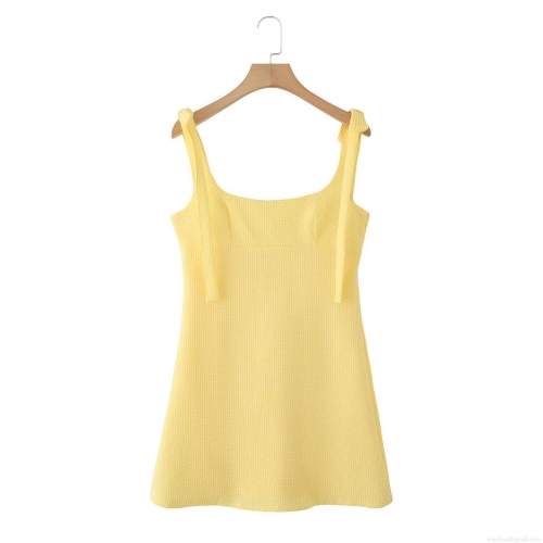Women Elegant Yellow Gingham Plaid Mini Dress With Shoulder Bow Ties Sleeveless A-Line Back Zipper Seersucker Sundress For Summer Daily Date