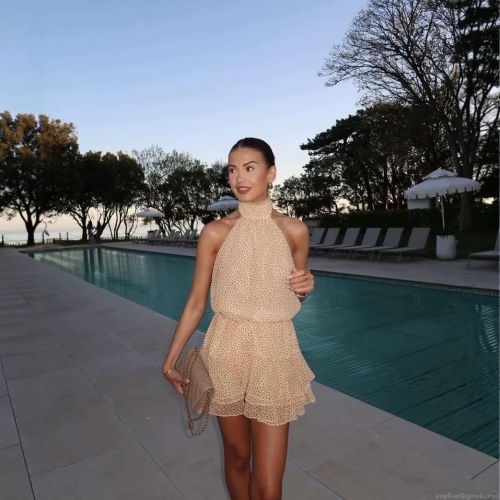 Women Halter Neck Floral Print Mini Dress Elegant Ruffle Tiered Chiffon Sundress Sleeveless Backless Boho Vacation Dress For Ladies