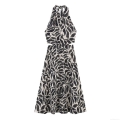 Women's Halter Neck Midi Dress Linen Blend Abstract Leaf Print Cutout Waist Backless Sleeveless Long Dress For Summer Beach Vacation Party Elegant Lady Style