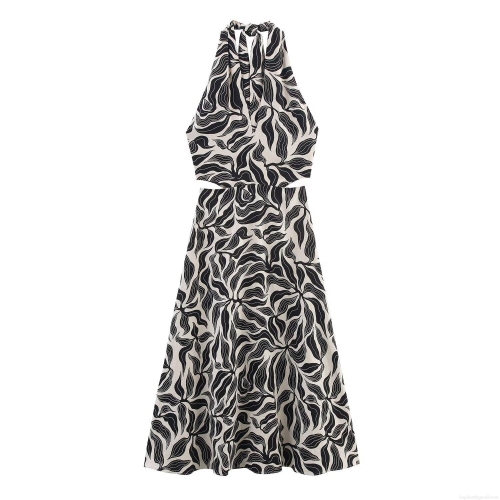 Women's Halter Neck Midi Dress Linen Blend Abstract Leaf Print Cutout Waist Backless Sleeveless Long Dress For Summer Beach Vacation Party Elegant Lady Style