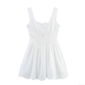 Women's White Lace Trim Sleeveless Mini Dress Sweet U-Neck Cotton Blend Smocked Waist Button Embroidery Dress For Summer Party Elegant Short Sun Dress