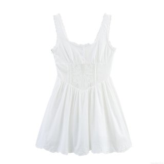 Women's White Lace Trim Sleeveless Mini Dress Sweet U-Neck Cotton Blend Smocked Waist Button Embroidery Dress For Summer Party Elegant Short Sun Dress
