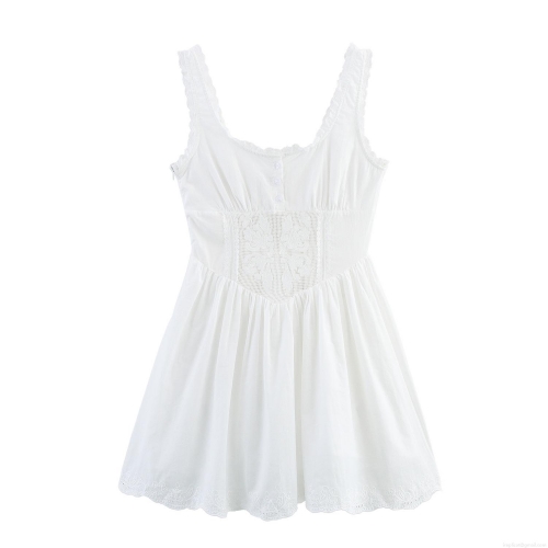 Women's White Lace Trim Sleeveless Mini Dress Sweet U-Neck Cotton Blend Smocked Waist Button Embroidery Dress For Summer Party Elegant Short Sun Dress