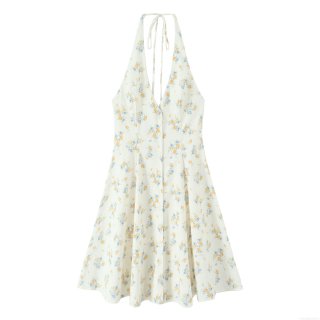 Floral Print Halter Dress Deep V-Neck Backless Polyester Mini Dress For Women Elegant Summer Vacation Party Dress With Front Buttons