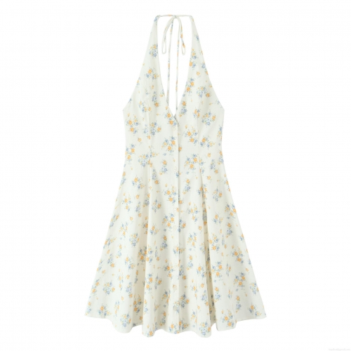 Floral Print Halter Dress Deep V-Neck Backless Polyester Mini Dress For Women Elegant Summer Vacation Party Dress With Front Buttons