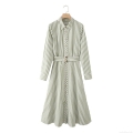 Women Elegant Green And White Vertical Striped Long Sleeve Shirt Dress With Metallic Buckle Belt Midi A-Line Button Down Cotton Dress For Office Lady