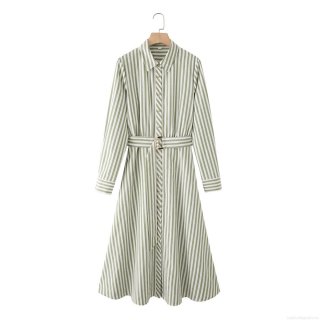 Women Elegant Green And White Vertical Striped Long Sleeve Shirt Dress With Metallic Buckle Belt Midi A-Line Button Down Cotton Dress For Office Lady