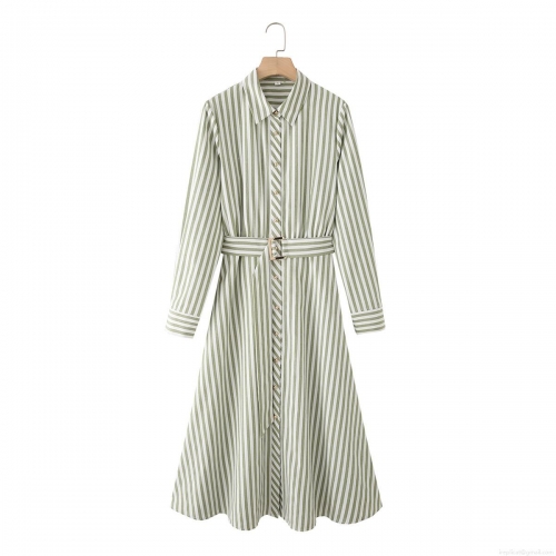 Women Elegant Green And White Vertical Striped Long Sleeve Shirt Dress With Metallic Buckle Belt Midi A-Line Button Down Cotton Dress For Office Lady