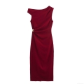Women's Elegant One Shoulder Linen Blend Midi Dress Pleated Bodycon Party Dress With Metal Buckle Detail Sleeveless Solid Wine Red Evening Dress For Ladies