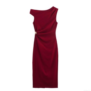 Women's Elegant One Shoulder Linen Blend Midi Dress Pleated Bodycon Party Dress With Metal Buckle Detail Sleeveless Solid Wine Red Evening Dress For Ladies