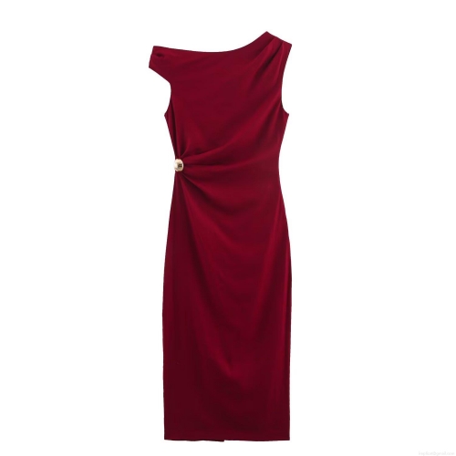 Women's Elegant One Shoulder Linen Blend Midi Dress Pleated Bodycon Party Dress With Metal Buckle Detail Sleeveless Solid Wine Red Evening Dress For Ladies