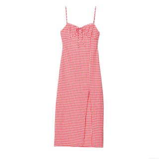 Women's Elegant Red Gingham Camisole Dress Polyester V-Neck Backless Tie-Up Side Slit Midi Sundress for Summer Vacation Party