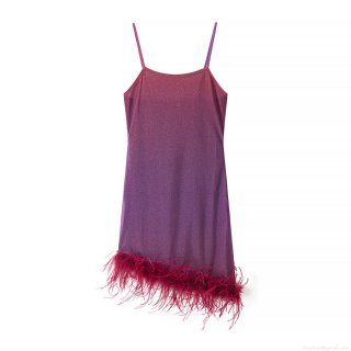 Women Fashion Gradient Polyester Metallic Mini Dress With Feather Trim Sexy Slim Fit Sparkly Cami Bodycon Dress For Party Club Night