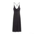Women's Sexy Black Polka Dot Maxi Slip Dress Cowl Neck Backless Criss-cross Straps Mesh Polyester Long Dress For Party Club Night