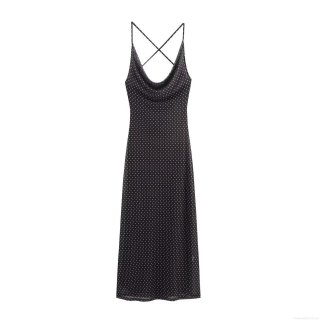 Women's Sexy Black Polka Dot Maxi Slip Dress Cowl Neck Backless Criss-cross Straps Mesh Polyester Long Dress For Party Club Night