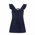 Women's Dark Blue Denim Flutter Sleeve Dress Backless Lace Up Corset Style V Neck Mini Dress With Contrast Stitching Slim Fit Sleeveless Sundress For Party Clubwear Summer Fashion