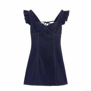 Women's Dark Blue Denim Flutter Sleeve Dress Backless Lace Up Corset Style V Neck Mini Dress With Contrast Stitching Slim Fit Sleeveless Sundress For Party Clubwear Summer Fashion
