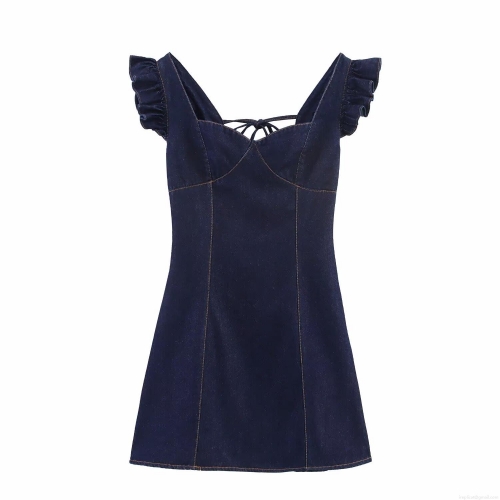 Women's Dark Blue Denim Flutter Sleeve Dress Backless Lace Up Corset Style V Neck Mini Dress With Contrast Stitching Slim Fit Sleeveless Sundress For Party Clubwear Summer Fashion