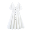 Women's Elegant Midi Dress V-Neck Short Sleeve Button Decoration White Poplin Polyester A-Line Dress For Casual Party Dating Socialite Style Summer Spring Lady Fashion