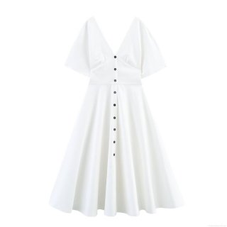 Women's Elegant Midi Dress V-Neck Short Sleeve Button Decoration White Poplin Polyester A-Line Dress For Casual Party Dating Socialite Style Summer Spring Lady Fashion