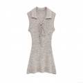Elegant Mercerized Cotton Knitted Sleeveless Mini Dress With Bow Tie V Neck Lapel A-Line Solid Oatmeal Dress For Party Dating Women Clothing