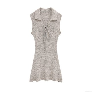 Elegant Mercerized Cotton Knitted Sleeveless Mini Dress With Bow Tie V Neck Lapel A-Line Solid Oatmeal Dress For Party Dating Women Clothing