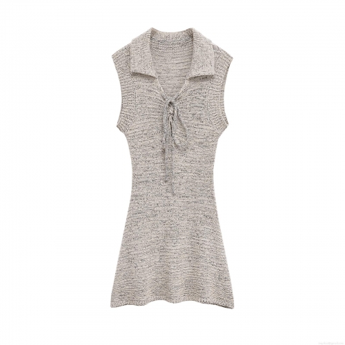 Elegant Mercerized Cotton Knitted Sleeveless Mini Dress With Bow Tie V Neck Lapel A-Line Solid Oatmeal Dress For Party Dating Women Clothing