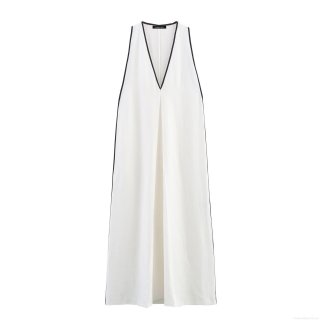 Women's Elegant Sleeveless V-Neck Maxi Dress Minimalist Black and White Contrast Trim Cotton Linen Blend Straight Long Dress for Summer Resort Party