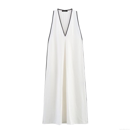 Women's Elegant Sleeveless V-Neck Maxi Dress Minimalist Black and White Contrast Trim Cotton Linen Blend Straight Long Dress for Summer Resort Party
