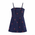 Women Summer Casual Cherry Embroidery Cami Dress Adjustable Spaghetti Strap Denim Look Polyester Mini Dress For Holiday Dating Slim Fit Back Elastic Sleeveless Short Dress