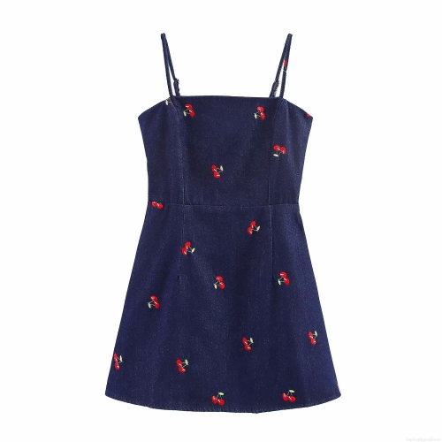 Women Summer Casual Cherry Embroidery Cami Dress Adjustable Spaghetti Strap Denim Look Polyester Mini Dress For Holiday Dating Slim Fit Back Elastic Sleeveless Short Dress