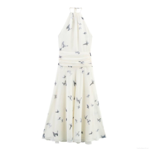 Women's Halter Neck Maxi Dress Chiffon Polyester Backless Butterfly Animal Print Elegant Sleeveless Flowy Long Dress for Summer Vacation Party