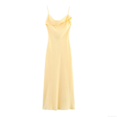 Women Elegant Midi Slip Dress Cowl Neck Backless Lace Up Polyester Ramie Blend Solid Color Evening Party Summer Vacation Socialite Style Dress