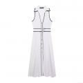 Women's Elegant Sleeveless Polka Dot Midi Dress With Belt V-Neck Button Down A-Line Polyester Dress For Party Dating White Black