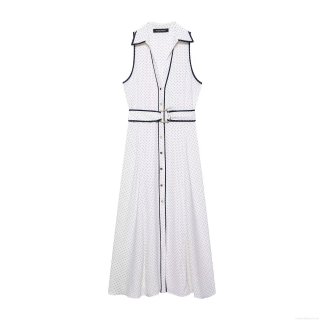 Women's Elegant Sleeveless Polka Dot Midi Dress With Belt V-Neck Button Down A-Line Polyester Dress For Party Dating White Black