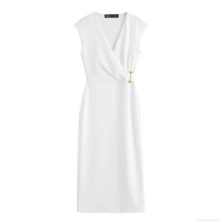 Women's Elegant Sleeveless V-Neck Midi Dress With Golden Metallic Pin Decoration Solid Color Slim Fit Ribbed Polyester Summer Party Bodycon Dress