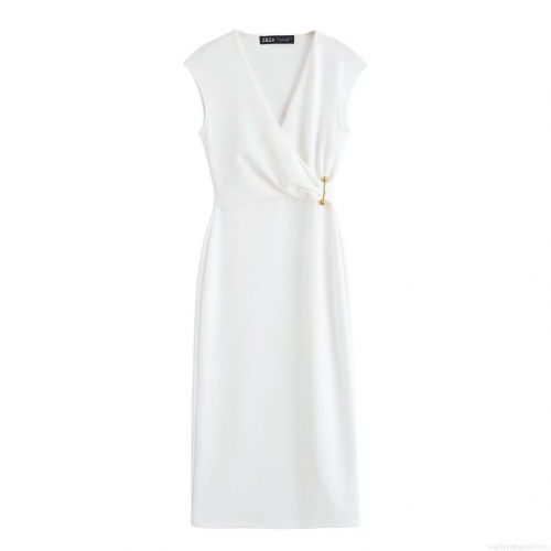 Women's Elegant Sleeveless V-Neck Midi Dress With Golden Metallic Pin Decoration Solid Color Slim Fit Ribbed Polyester Summer Party Bodycon Dress