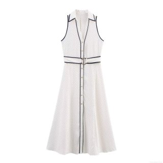 Women's Retro Polka Dot Sleeveless Shirt Dress V-Neck Maxi Dress With Waist Belt Elegant Summer Party Long Dress