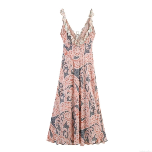 Women's Paisley Print Maxi Dress Bohemian V-Neck Ruffle Shoulder Strap Backless A-Line Polyester Chiffon Feel Long Dress For Summer Vacation Beach Party