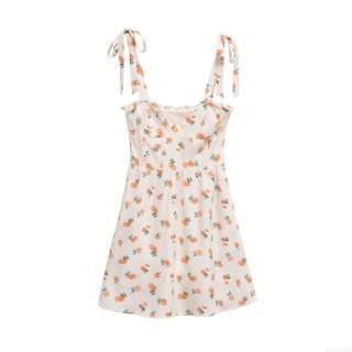 Women Sweet Orange Fruit Print Mini Dress Bow Knot Tie Shoulder Straps Ruffle V-Neck High Waist A-Line Summer Vacation Sundress for Women