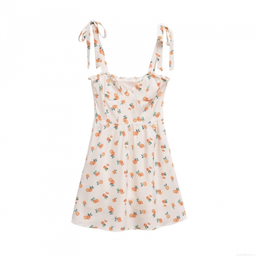 Women Sweet Orange Fruit Print Mini Dress Bow Knot Tie Shoulder Straps Ruffle V-Neck High Waist A-Line Summer Vacation Sundress for Women