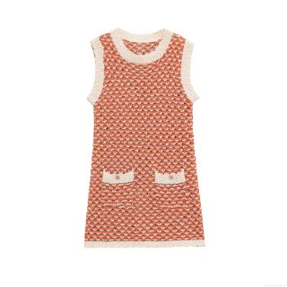 Women's Elegant Sleeveless Knit Mini Dress Orange White Wave Pattern Crochet Jacquard Dress With Decorative Gold Button Pockets A-Line Party Dress