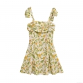 Floral Mini Camisole Dress Polyester Linen Blend Tie Shoulder Ruffle Summer Sundress For Women Vacation Pastoral Style Elegant Short Dress