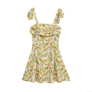 Floral Mini Camisole Dress Polyester Linen Blend Tie Shoulder Ruffle Summer Sundress For Women Vacation Pastoral Style Elegant Short Dress