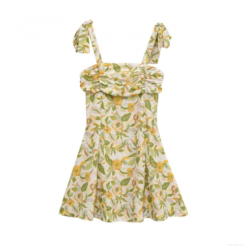 Floral Mini Camisole Dress Polyester Linen Blend Tie Shoulder Ruffle Summer Sundress For Women Vacation Pastoral Style Elegant Short Dress