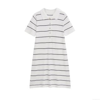 Women's Elegant Short Sleeve Striped Polo Dress Knit Polyester Button Placket Midi Dress For Summer Daily Casual Wear