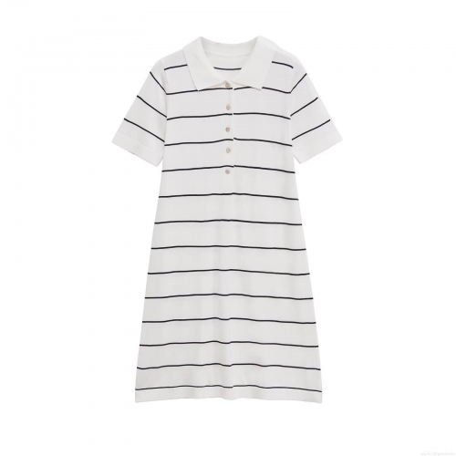 Women's Elegant Short Sleeve Striped Polo Dress Knit Polyester Button Placket Midi Dress For Summer Daily Casual Wear